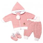 Baby Nellys 3-dílná souprava Hand made, pletený kabátek, kalhoty a botičky, růžová, vel.68, 68 (3-6m)